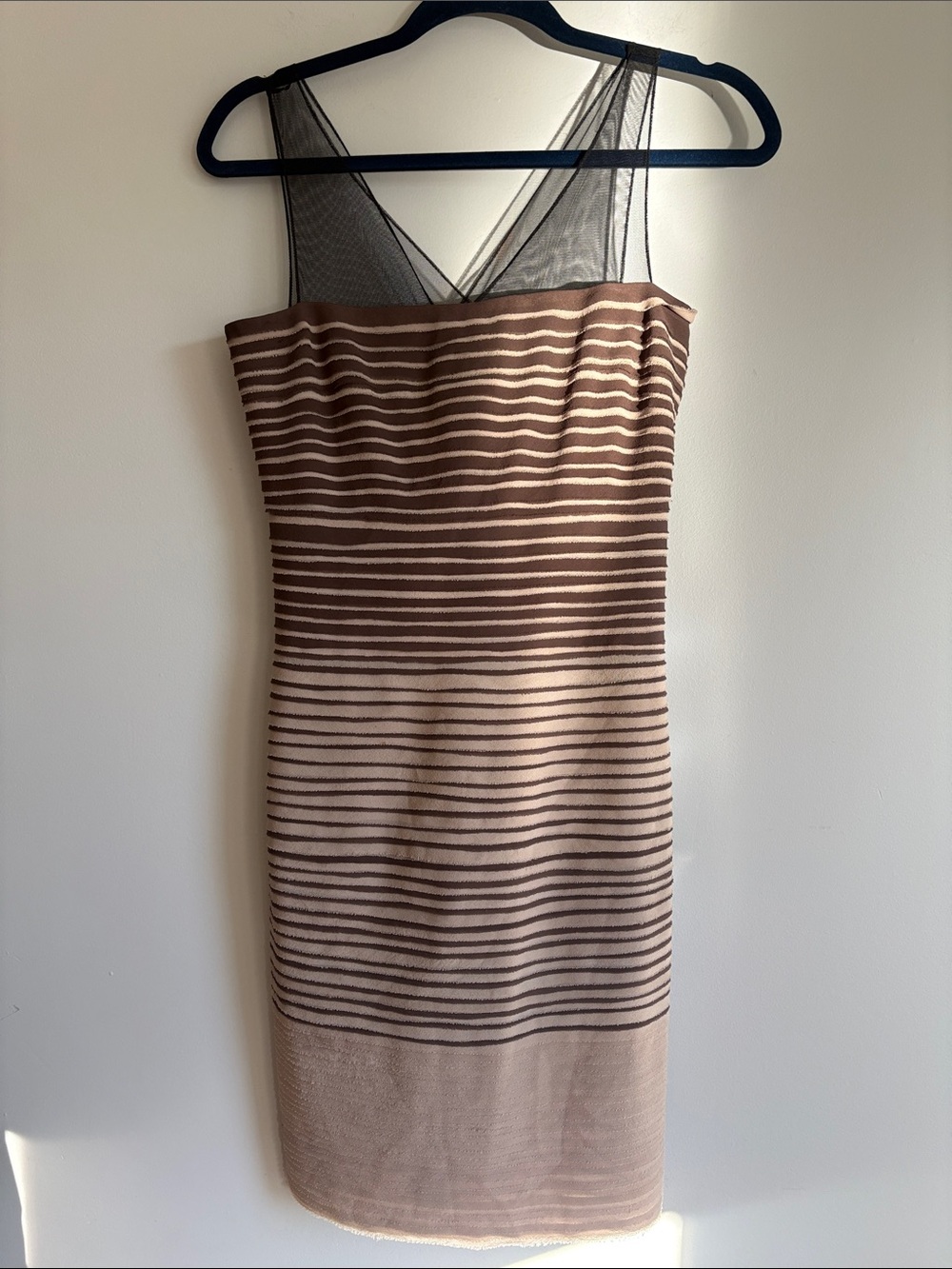 BCBGMAXAZRIA Silk Mesh Striped Midi Dress Brown Nude Size 02